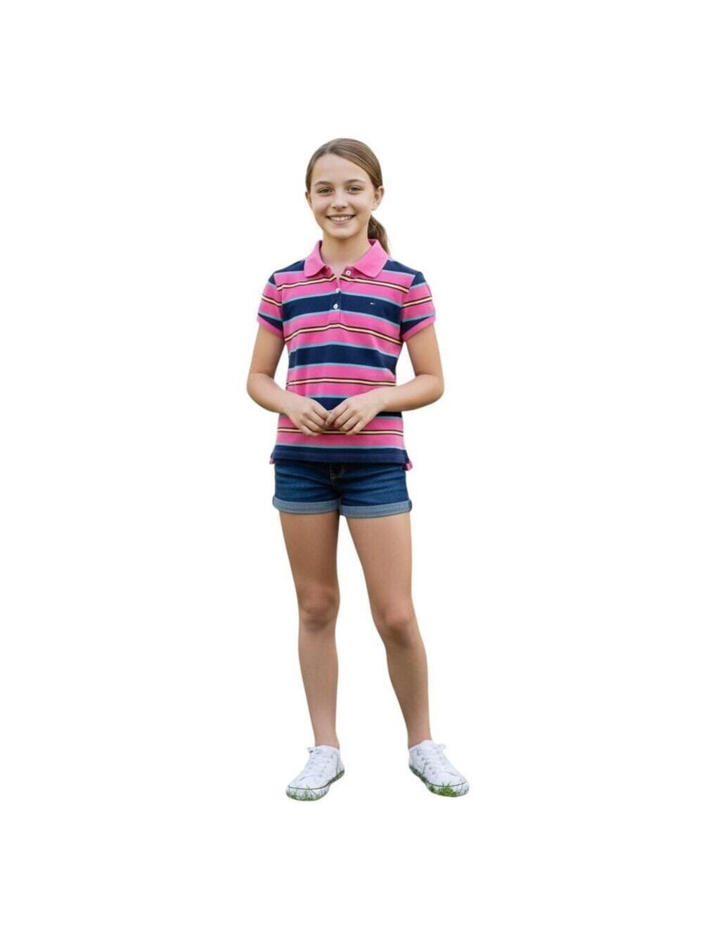 Tommy Hilfiger Girls Polo Shirt Large Pink Navy Stripes Cotton